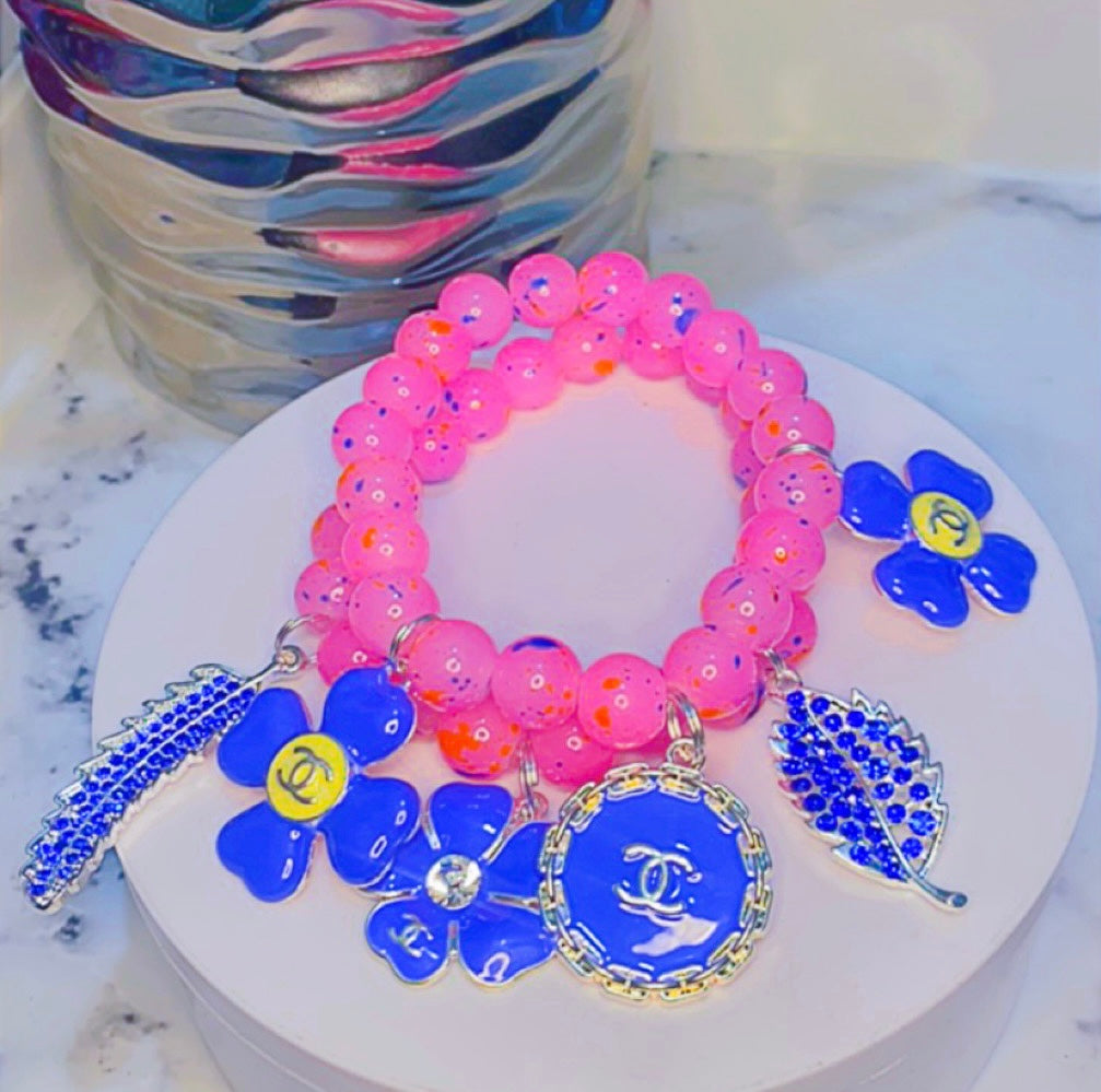 Pink/Blue Beaded Charm Bracelet Set