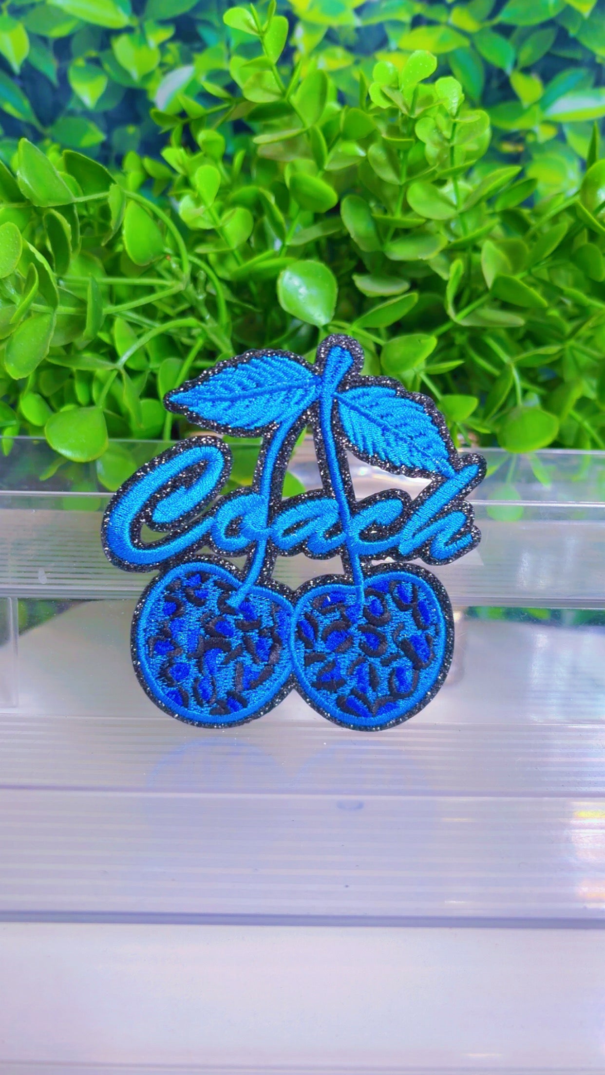 Blue cherry iron on patch