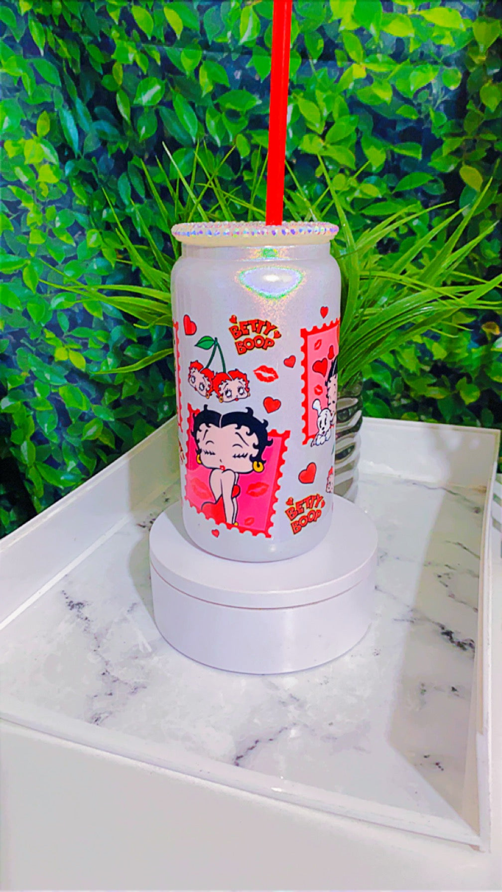 Betty boop cup with bling lid & straw 16oz