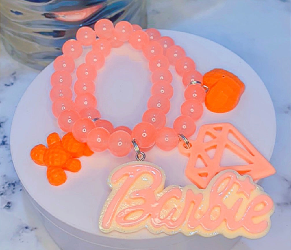 Peach Barbie Beaded Charm Bracelet