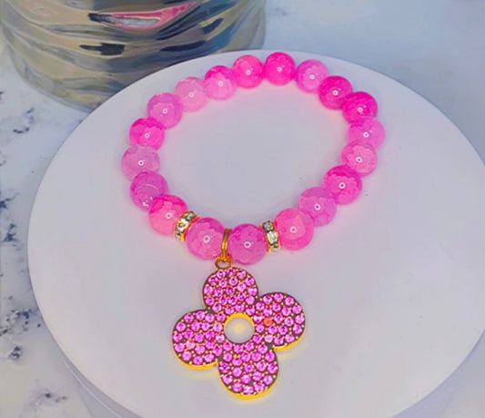 Pretty Girl Flower (Pink Beaded Bracelet With Pink Bling Charm)