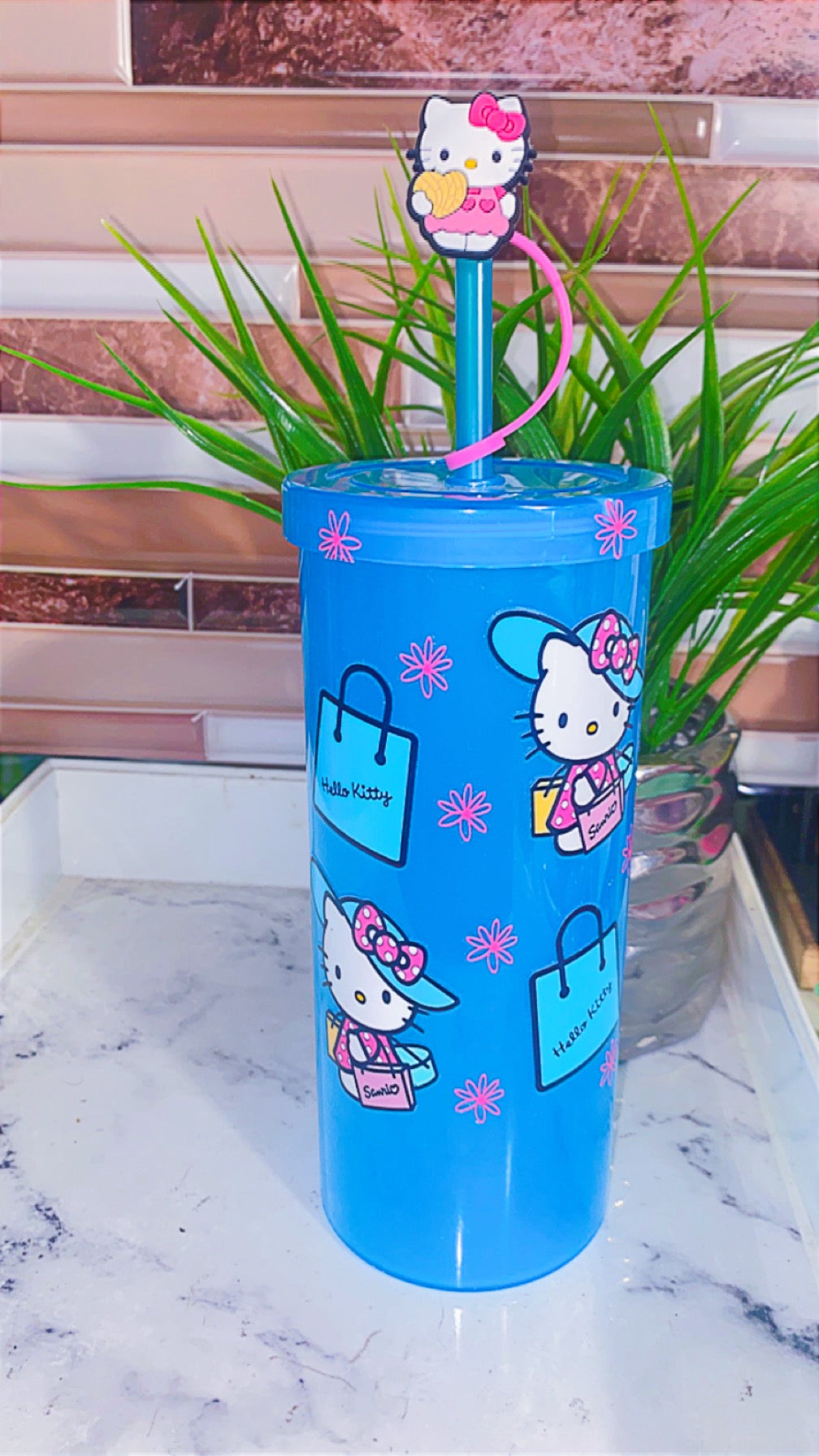 Fashion kitty tumbler with straw & straw topper