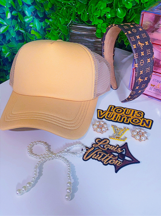 Hat kit includes hat, patches, charms and headband