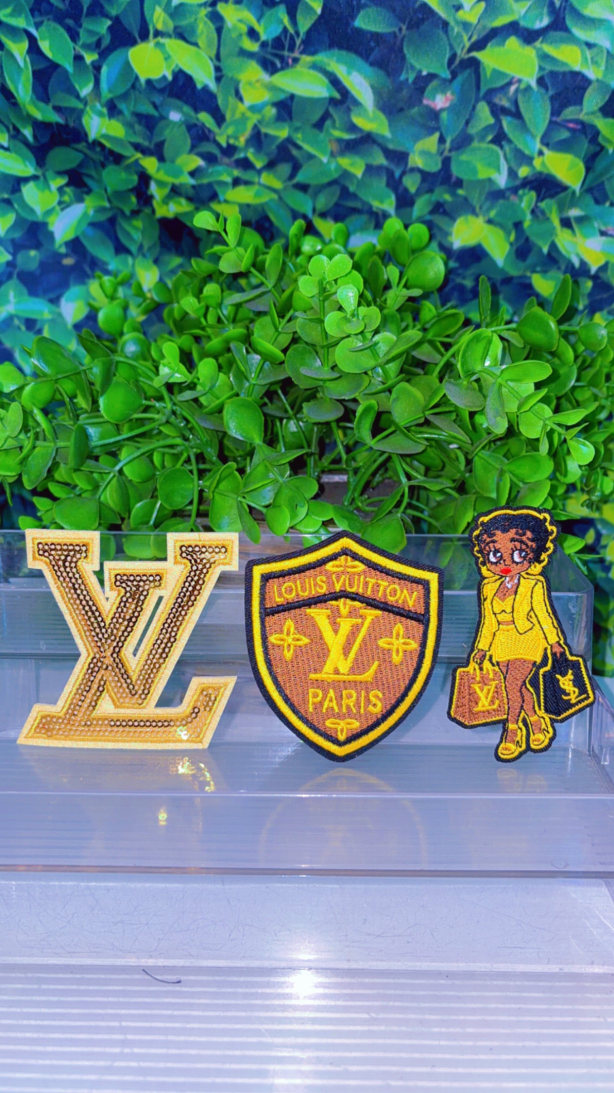 Yellow and brown iron on patch set