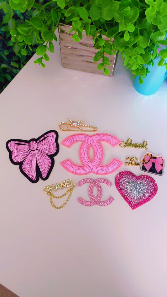 Pink glam iron on patch set