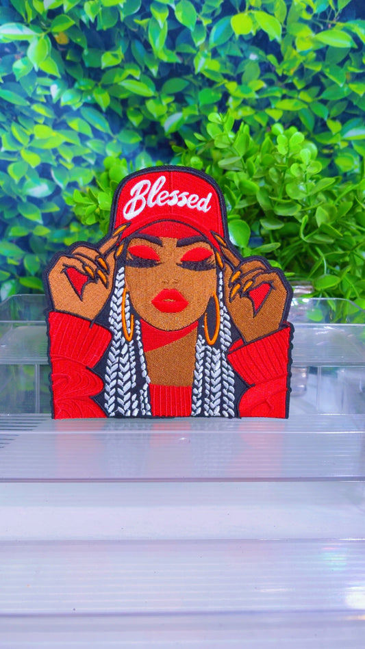 Red Blessed medium iron on patch 6x6 in