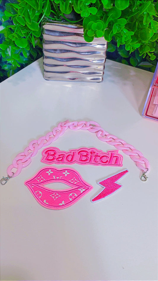 Pink bad bitch iron on patch set with hat chain