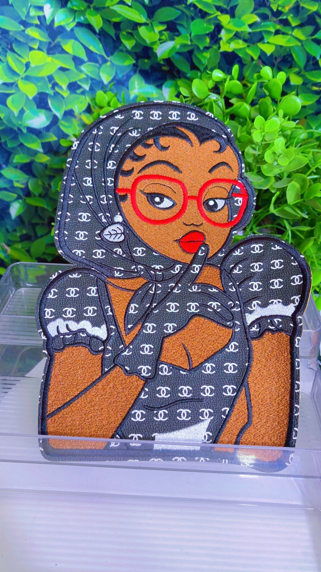 Black and white dress and red glasses big iron on patch