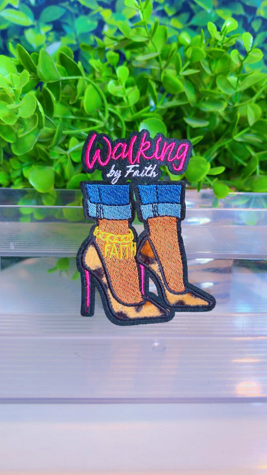 Walk by faith pink/leopard heels iron on patch
