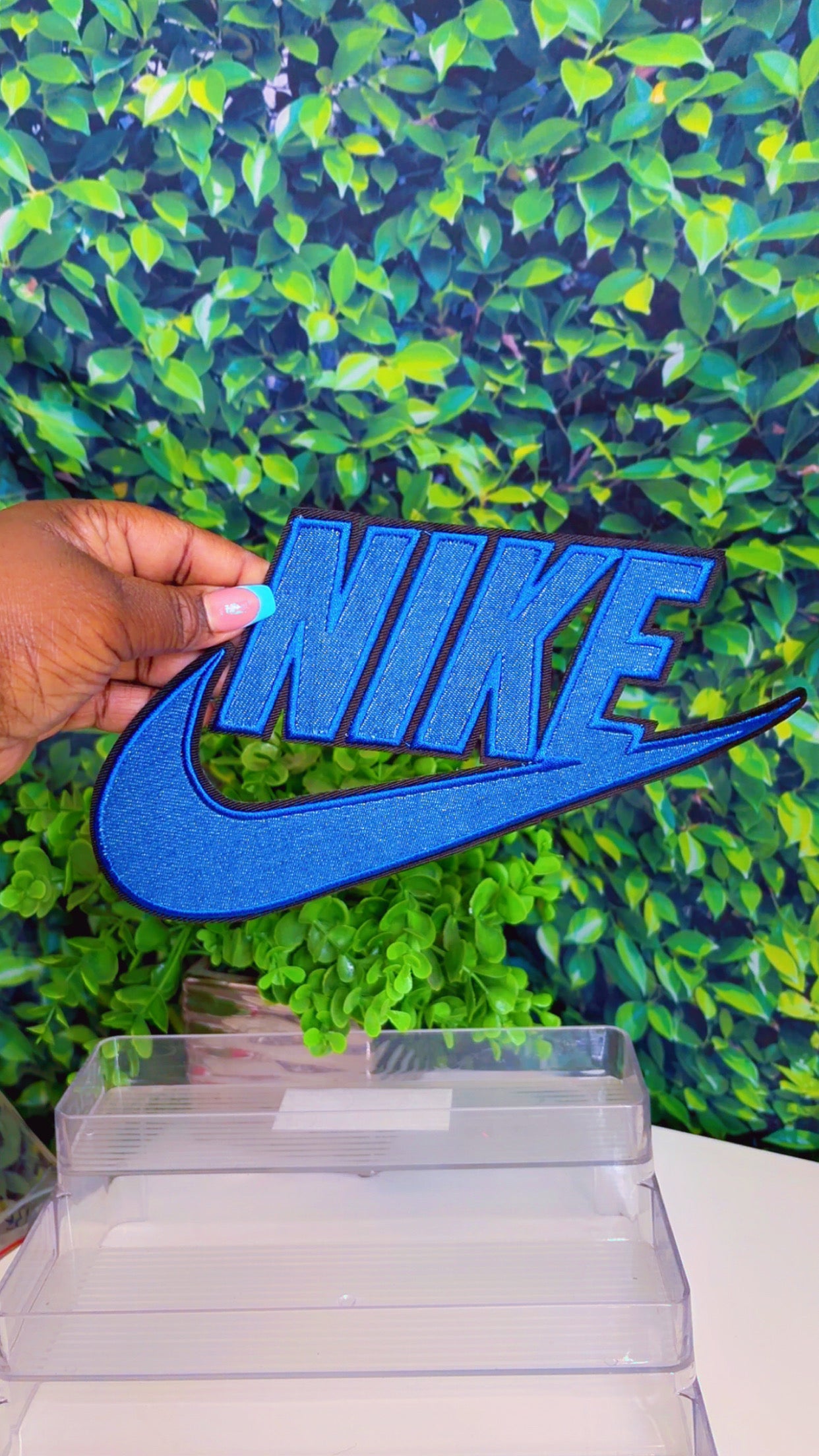 Denim sneaker head iron on patch