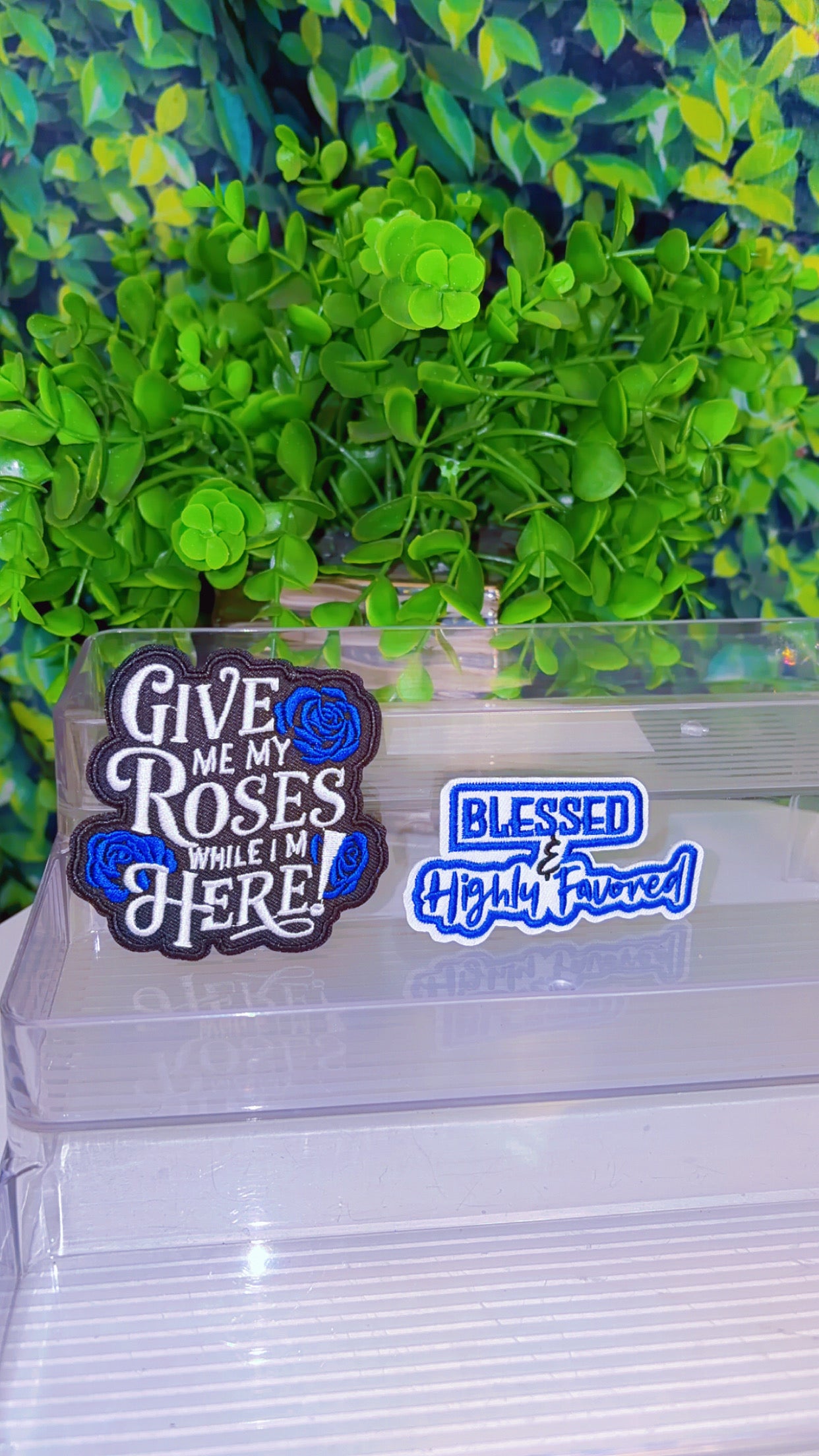 Blue Blessed & highly favored iron on patch set