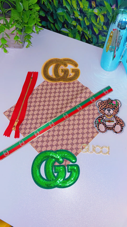 G inspired iron on patch set includes faux leather, trim, zipper, patches and bling charm