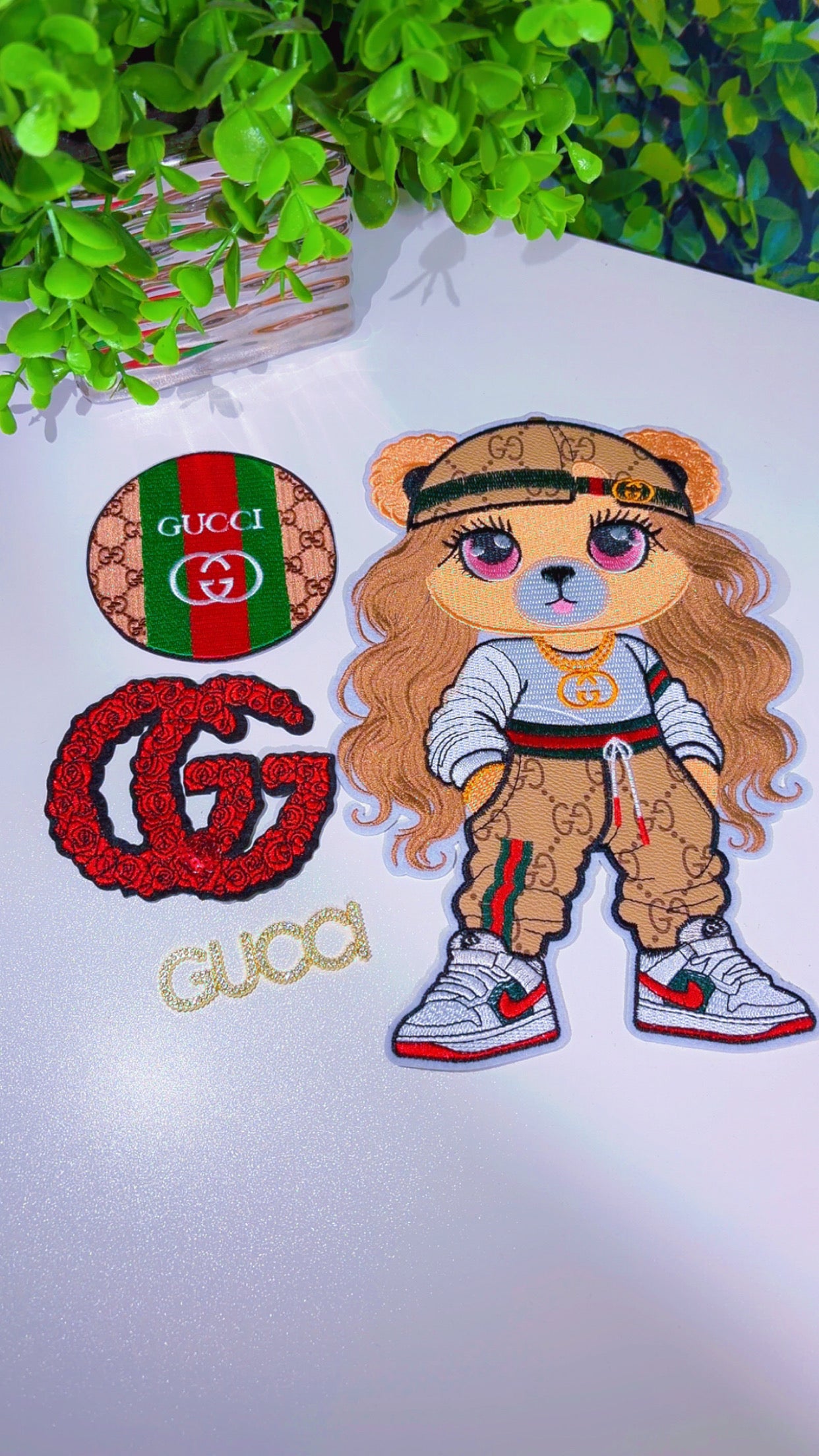 Big G bear with faux leather pants iron on patch set