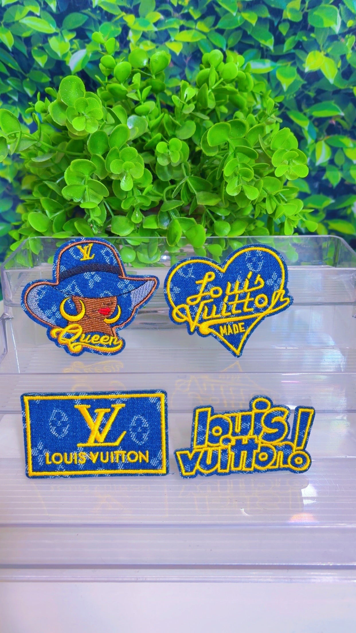 Denim & yellow iron on patch set