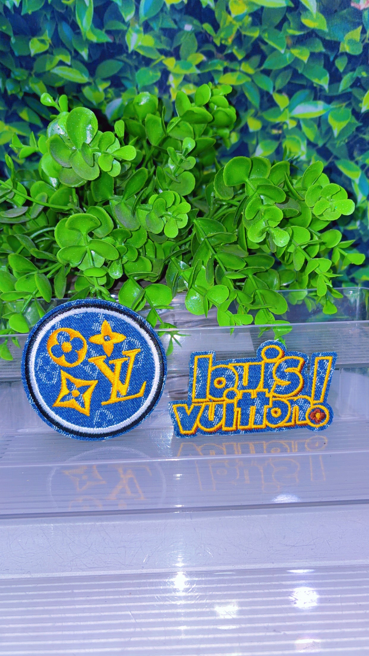 Denim and yellow iron on patch set