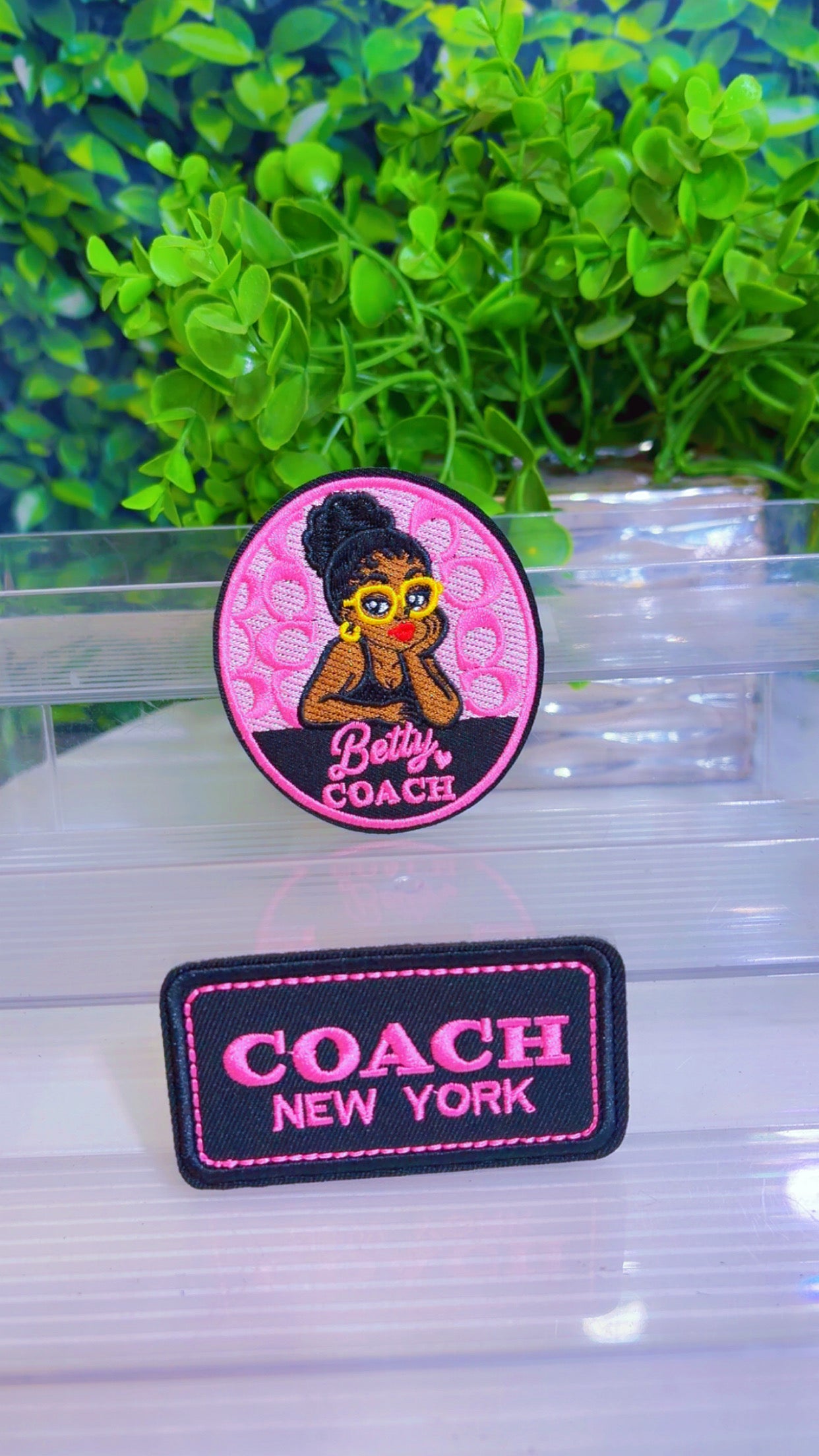 Pink and black iron on patch set