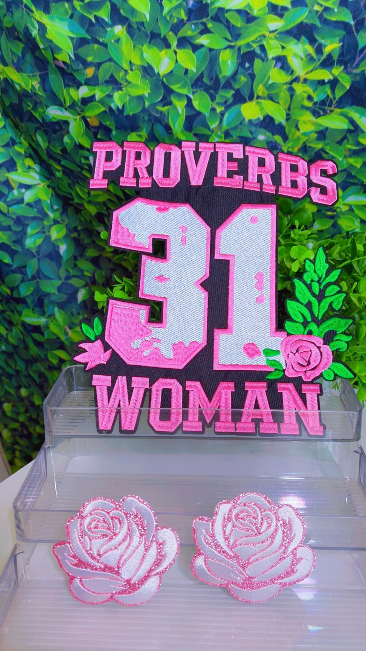 Proverbs 31 Woman 11 inch iron on patch and 2 small flower patches/ and medium patch size option