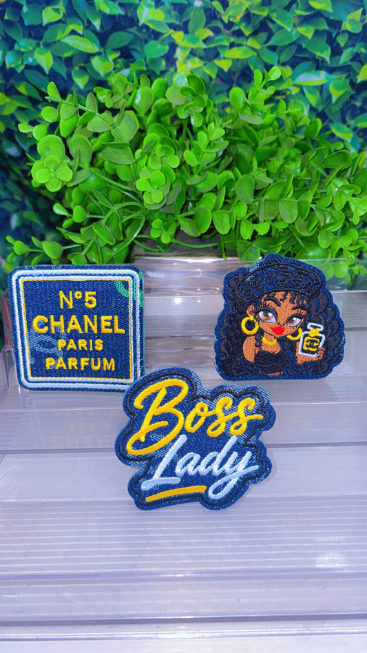 Denim and yellow iron on patch set