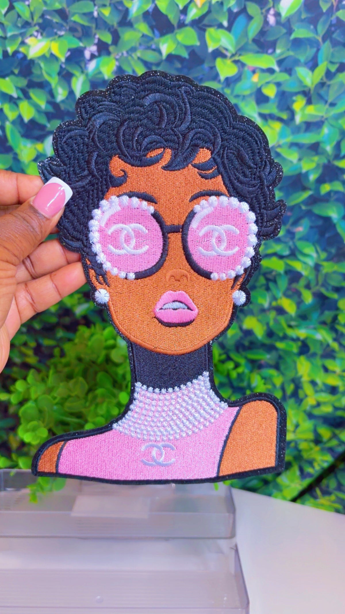 Pink big lady iron on patch